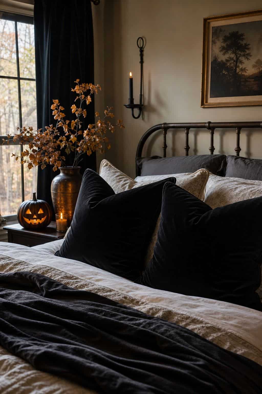 Black Velvet Pillow Covers shown as a realistic Pretty Wild World image for 16 Bedroom Halloween Decor Ideas for a Cozy Spooky Retreat.