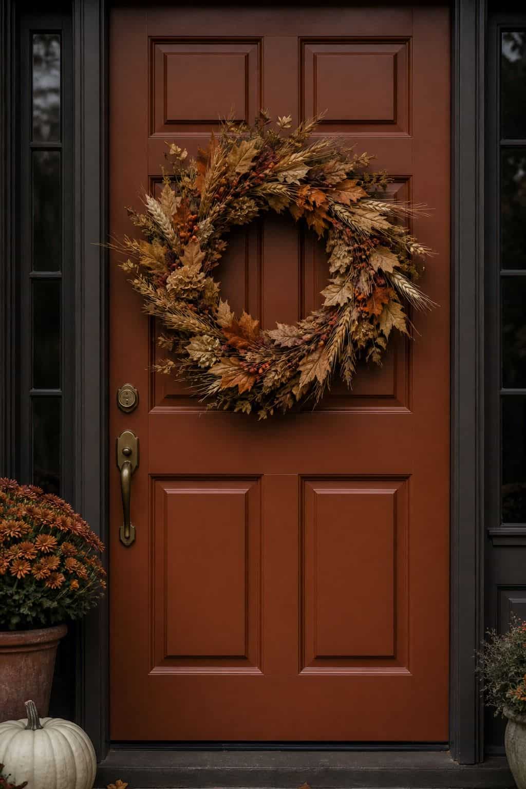 Dried leaf wreath in rust, brown and gold hanging at eye level on a rust paneled front door with a brass knob and mums below