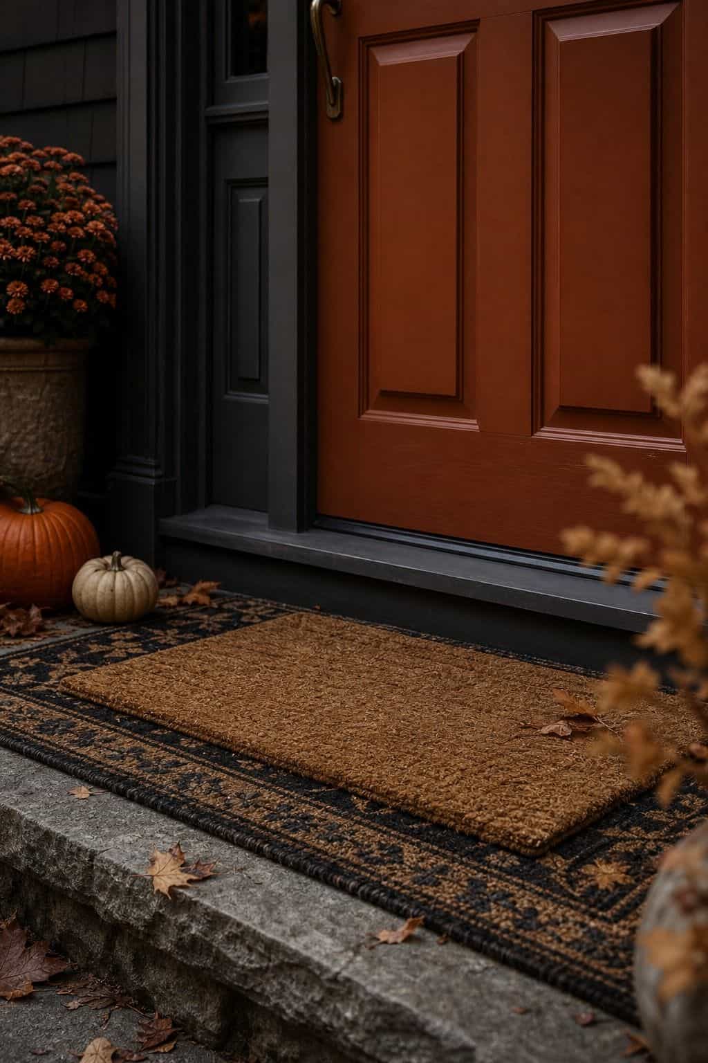 Plain coir doormat layered on a larger black and rust patterned outdoor rug in front of a rust front door with pumpkins and mums