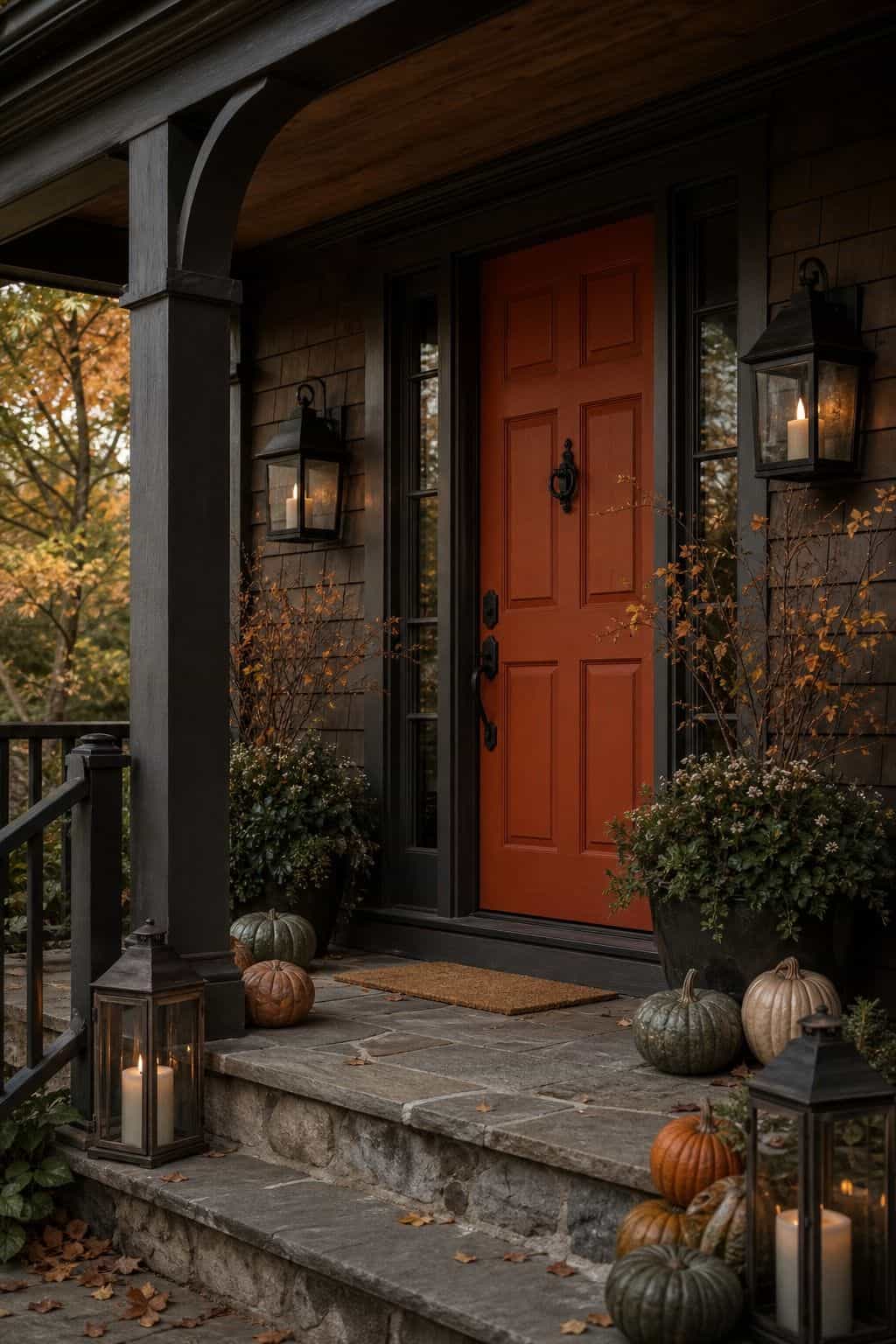 Covered porch with black wall sconces, a black door handle and black floor lanterns with candles beside a rust front door and pumpkins
