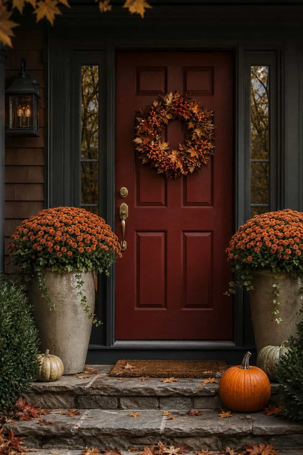 Two tall cream planters with rust orange mums on either side of a burgundy front door with a wreath and pumpkins on the steps