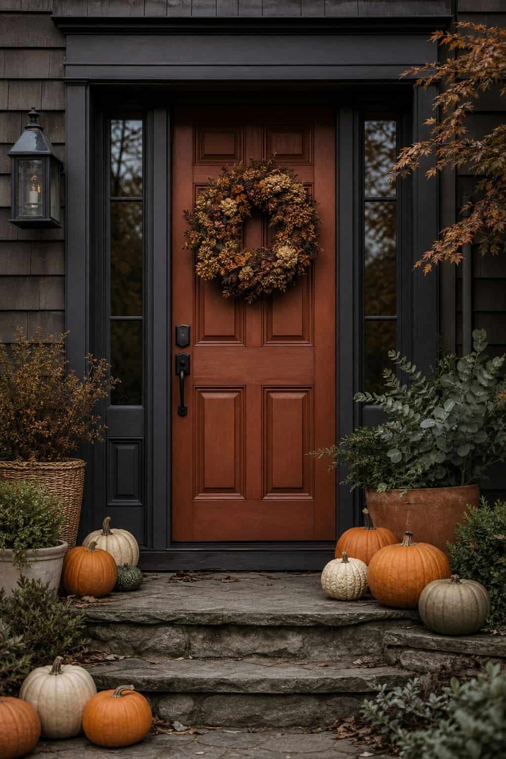 Orange, white and green pumpkins in mixed sizes clustered low on stone steps below a rust front door with a wreath