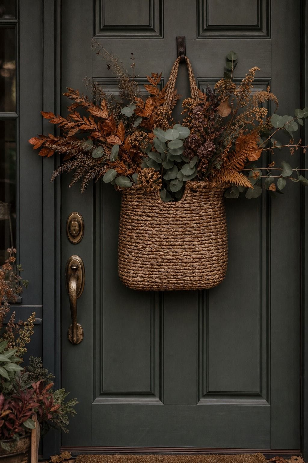 Woven basket filled with fall foliage and dried stems hanging on a dark green front door with a brass handle