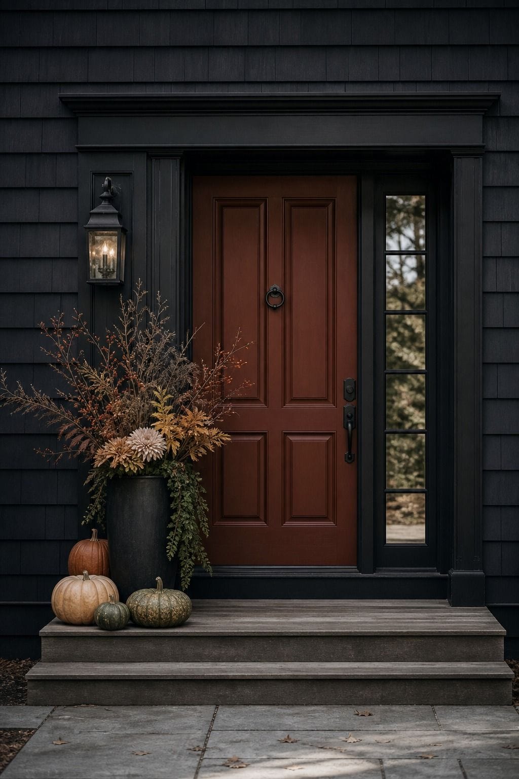 Tall urn with dried branches and flowers on one side of a rust front door with pumpkins at its base and the other side left open