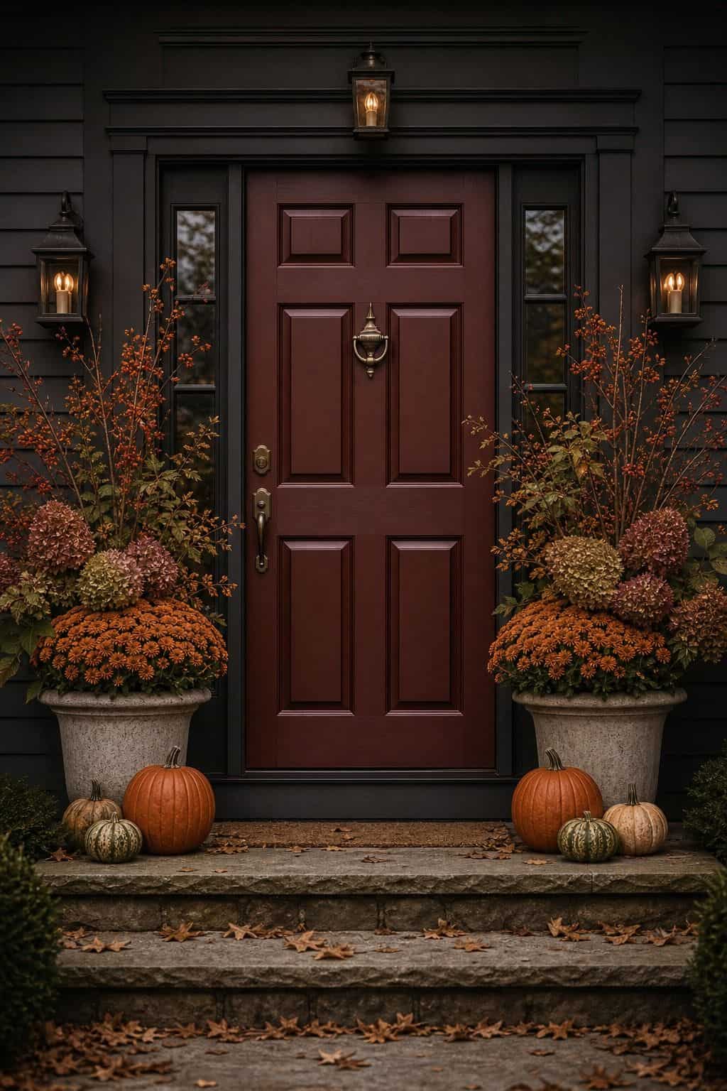 Matching pair of planters with peach and rust mums and dried grasses on both sides of a burgundy front door under two lanterns