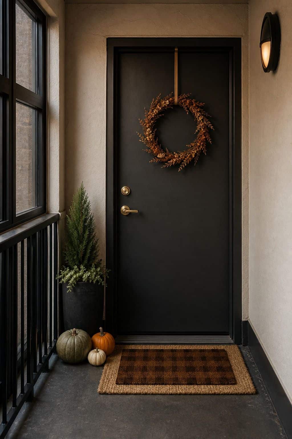 Black apartment front door in a narrow hallway with a dried wreath on an over-the-door hanger, a buffalo check doormat and small pumpkins