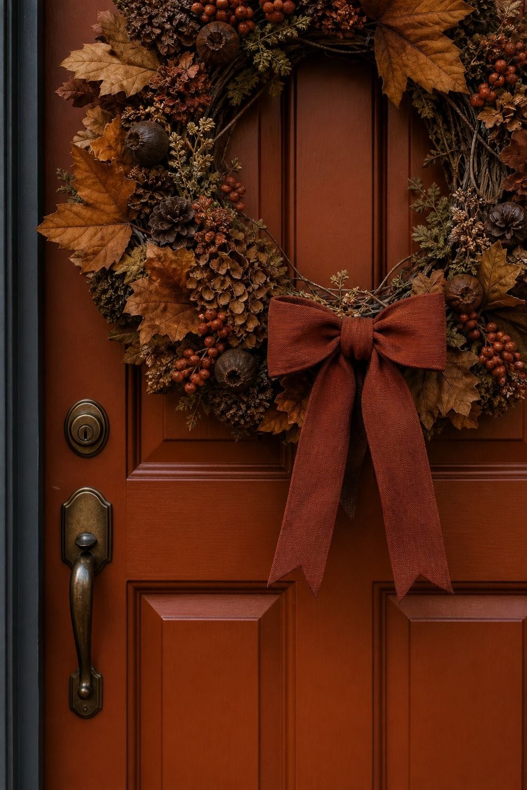 Large pinecone and leaf wreath with a rust velvet ribbon bow on a rust front door with a bronze handle