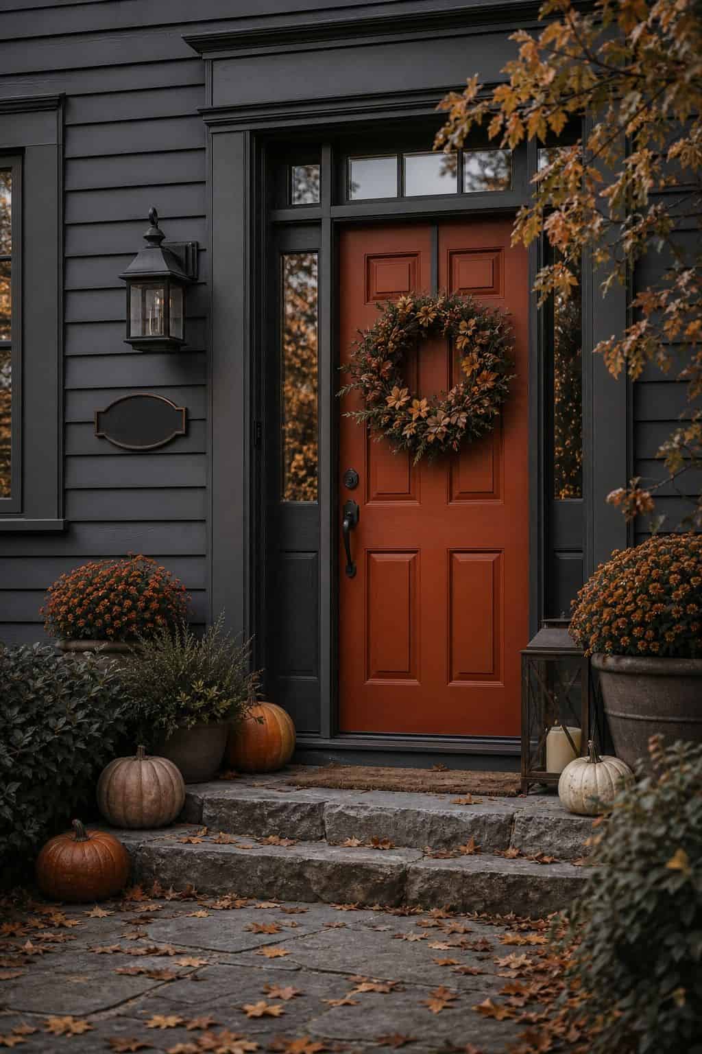 House number plaque on a dark wall beside a rust front door under a lantern, kept clear of mums, pumpkins and branches