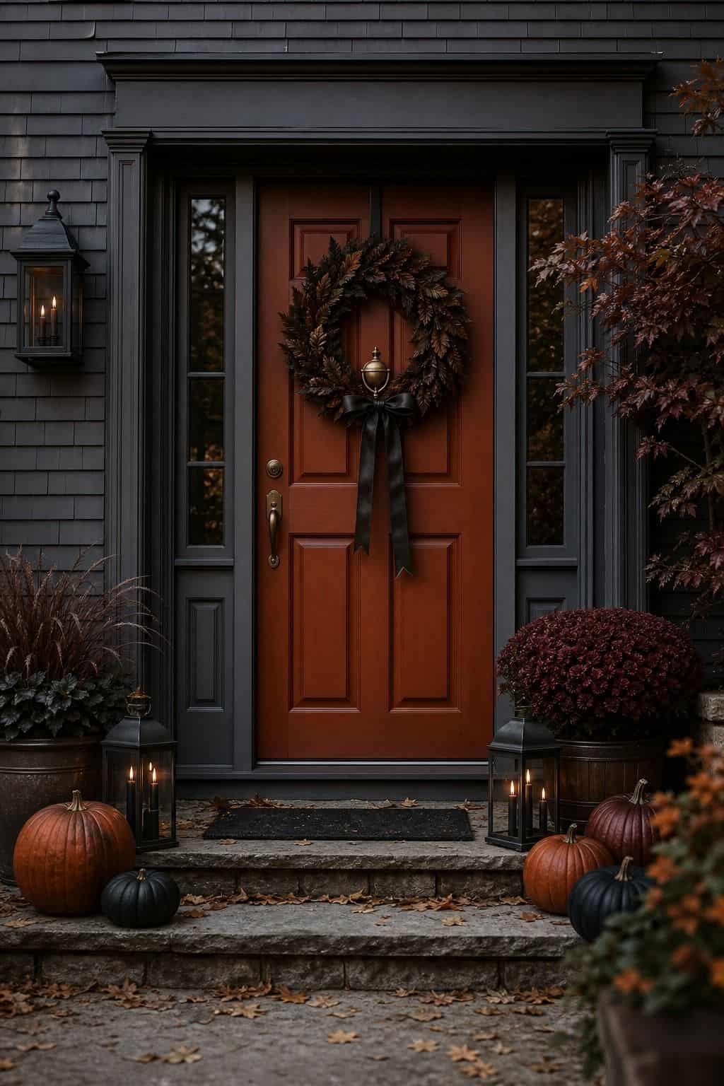 Fall front door with a dark wreath tied with a black bow, deep burgundy mums, dark pumpkins and lanterns for Halloween