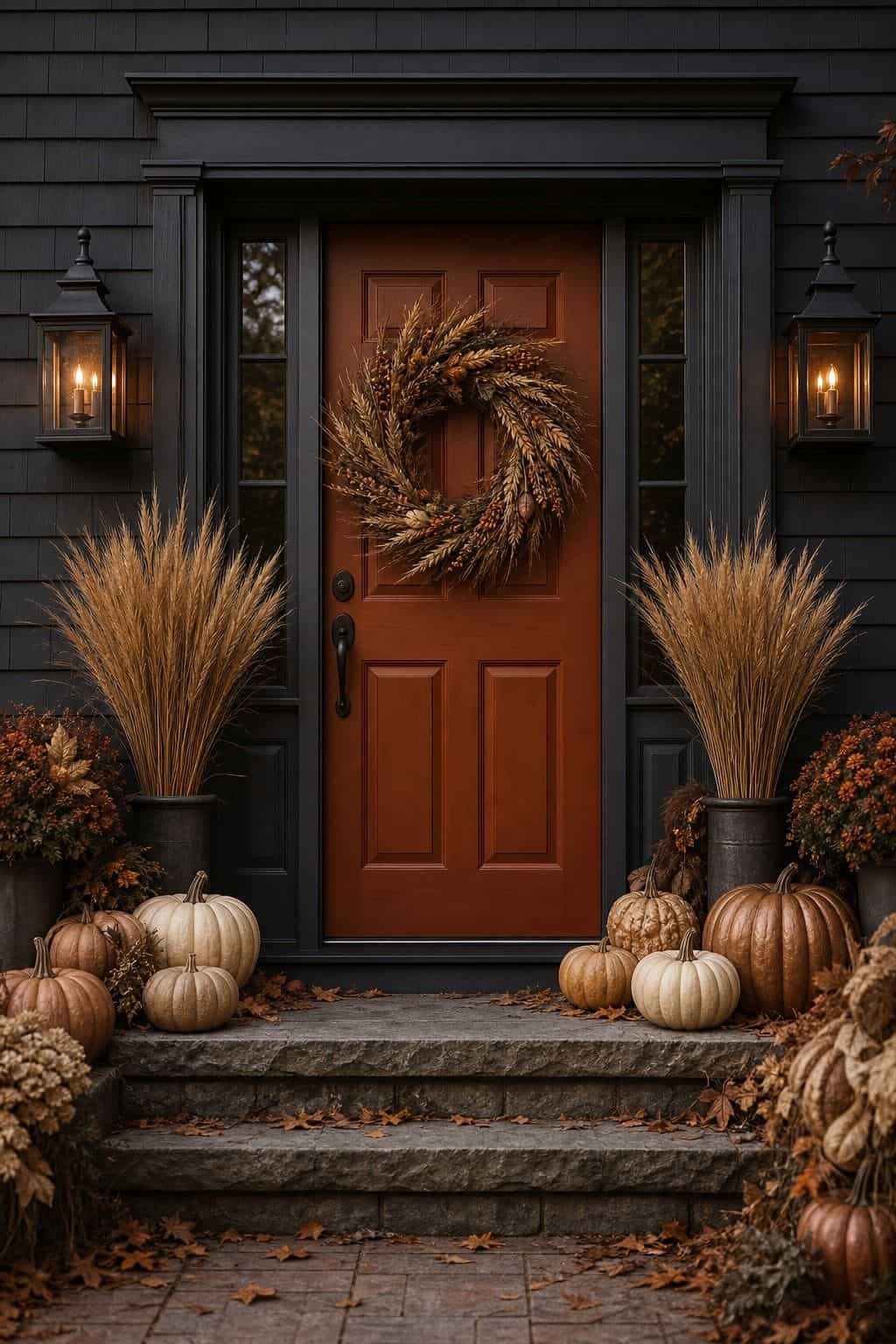Thanksgiving front door with a wheat wreath, tall wheat bundles in urns and cream and tan pumpkins on the steps