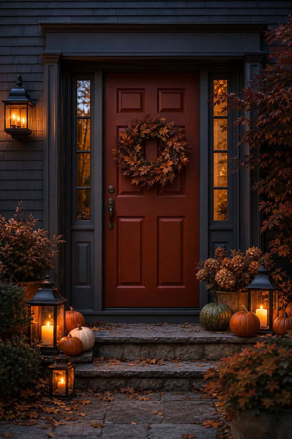Fall front door at dusk with a glowing wall sconce, lit lanterns on the steps, a wreath and pumpkins