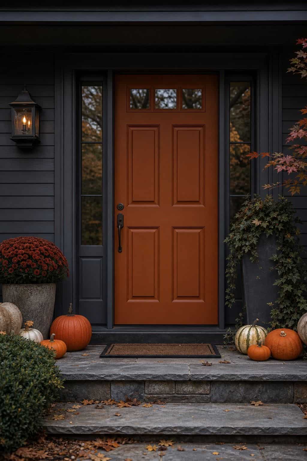 Rust front door with a plain doormat and clear steps, mums and pumpkins pushed to the outer edges to leave room for packages