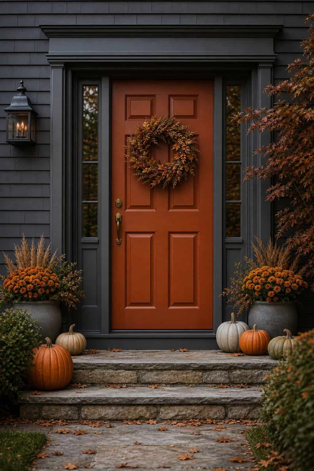 Rust front door with a wreath inside a crisp dark door frame, with low planters of mums and pumpkins on each side