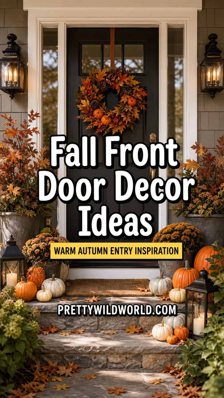 Fall front door decor ideas: a rust front door on a dark house with a leaf wreath, lanterns, mums and pumpkins on stone steps