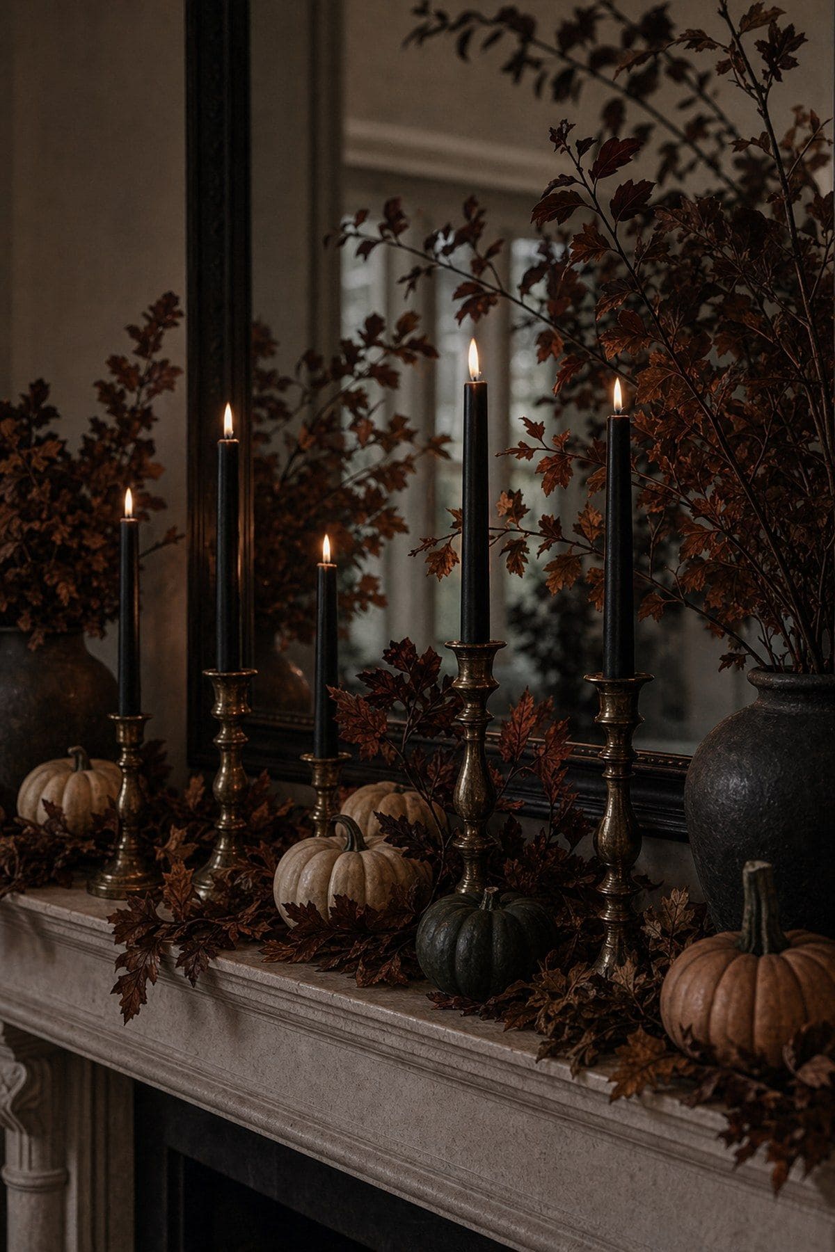 Stylish fall Halloween decor idea with black taper candles in a moody autumn home setting.