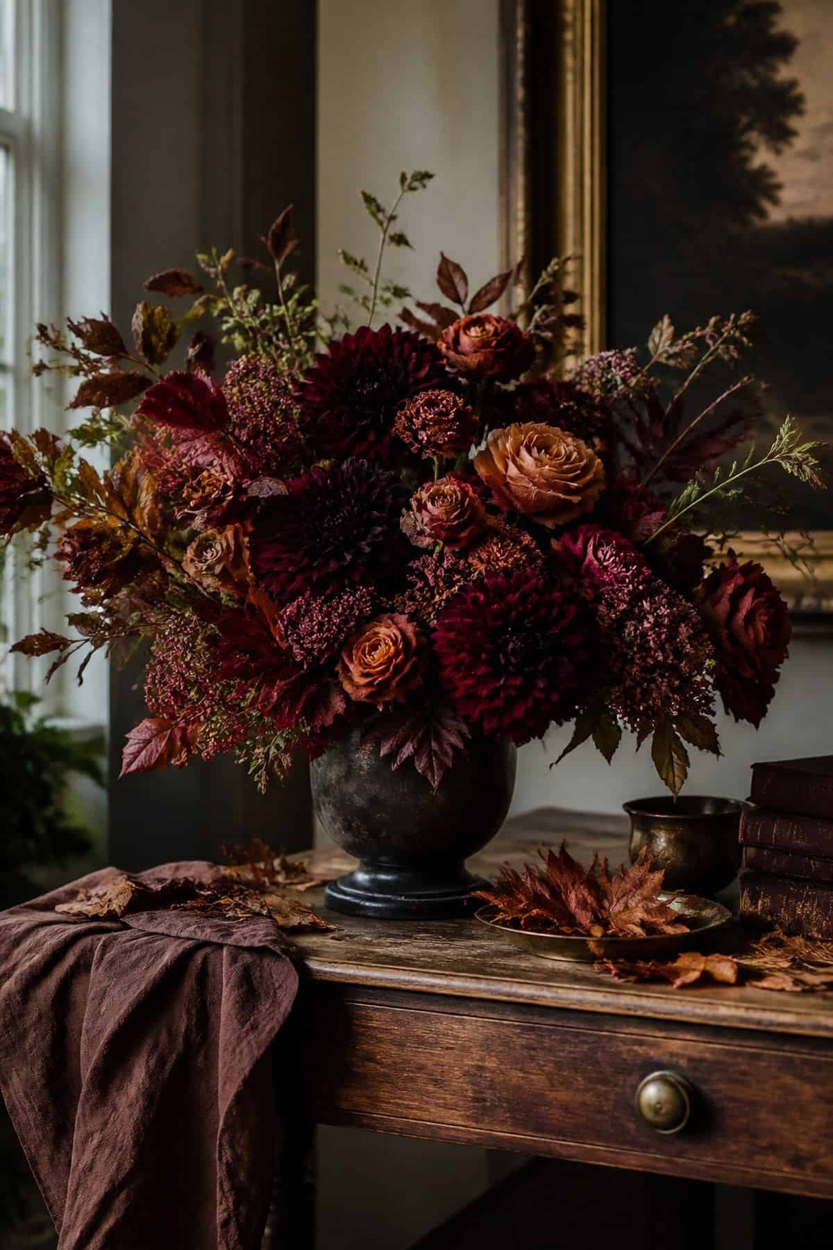 Stylish fall Halloween decor idea with moody floral arrangement in a moody autumn home setting.