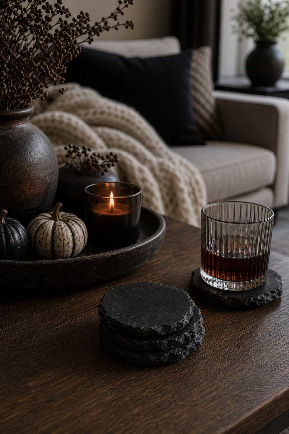 Stylish fall Halloween decor idea with mantel with one spooky detail in a moody autumn home setting.