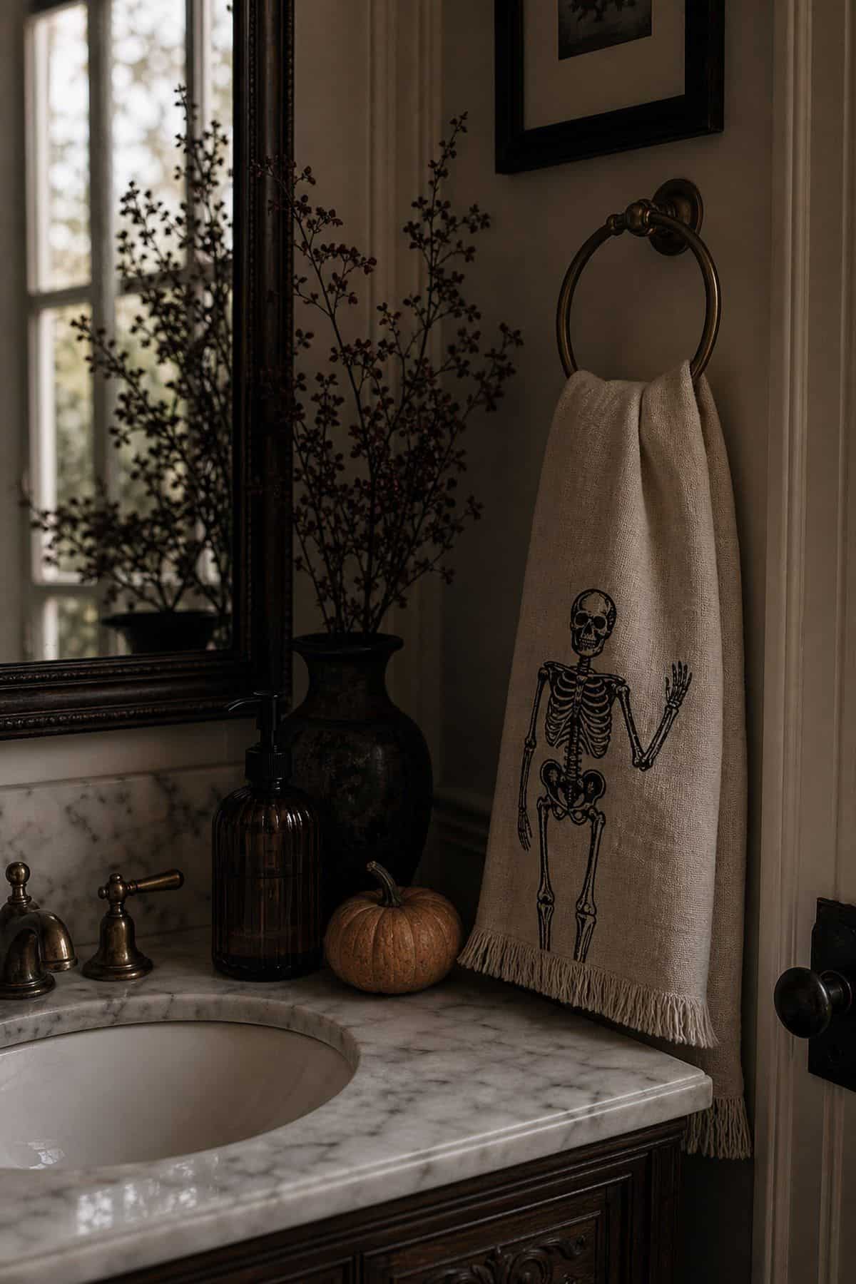 Stylish fall Halloween decor idea with bathroom halloween towel in a moody autumn home setting.