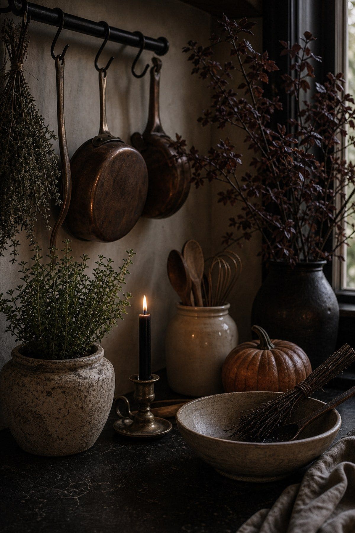 Stylish fall Halloween decor idea with kitchen witchy corner in a moody autumn home setting.