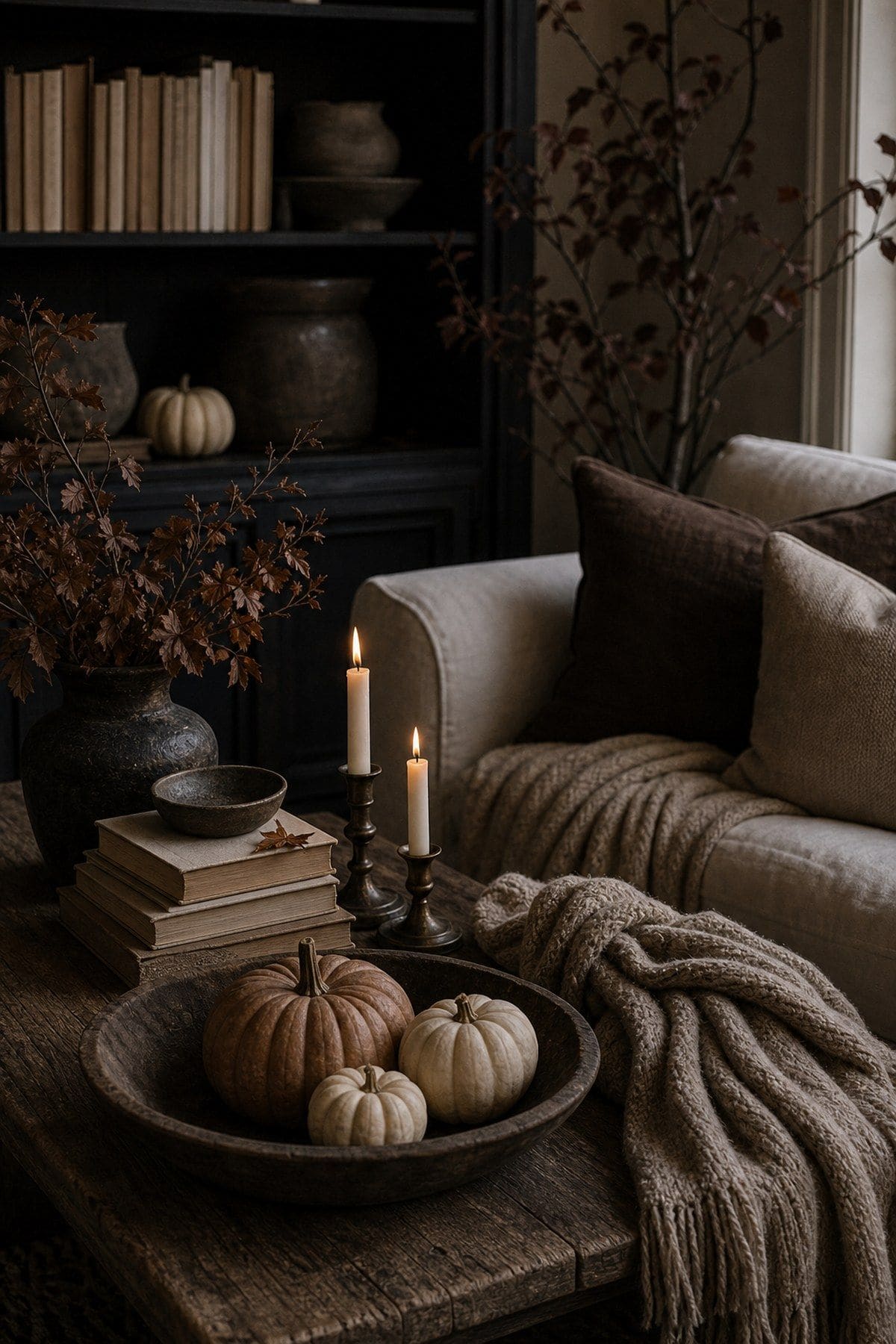 Stylish fall Halloween decor idea with no plastic overload in a moody autumn home setting.