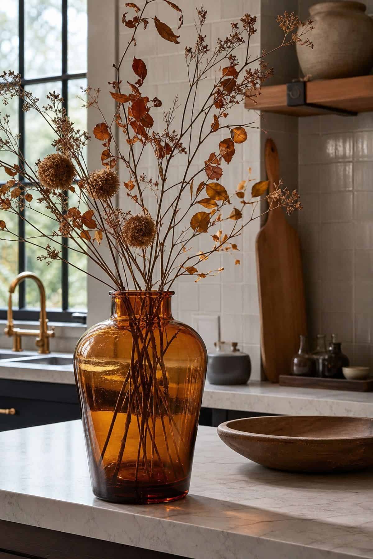 Amber Vase on Counter shown as a realistic Pretty Wild World image for 17 Fall Kitchen Decor Ideas That Work in Real Life.