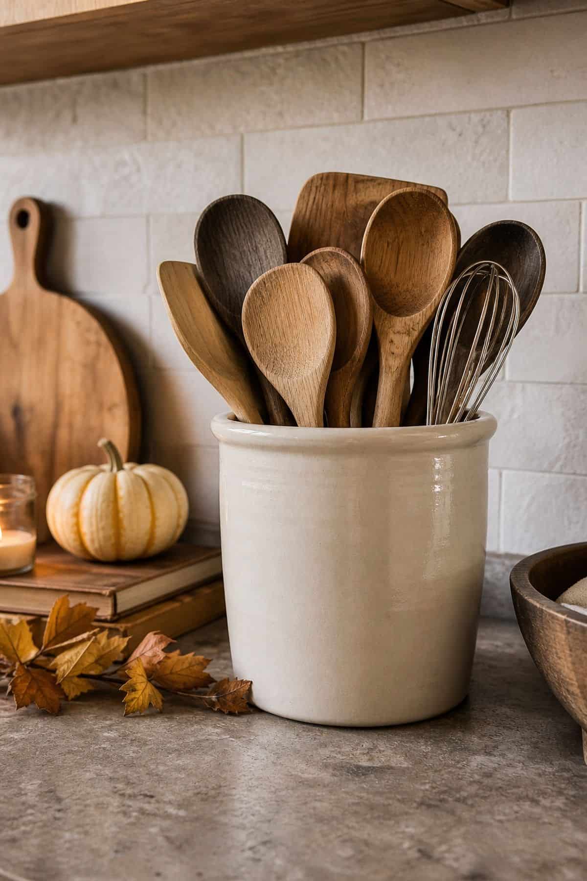 Cream Utensil Crock shown as a realistic Pretty Wild World image for 17 Fall Kitchen Decor Ideas That Work in Real Life.