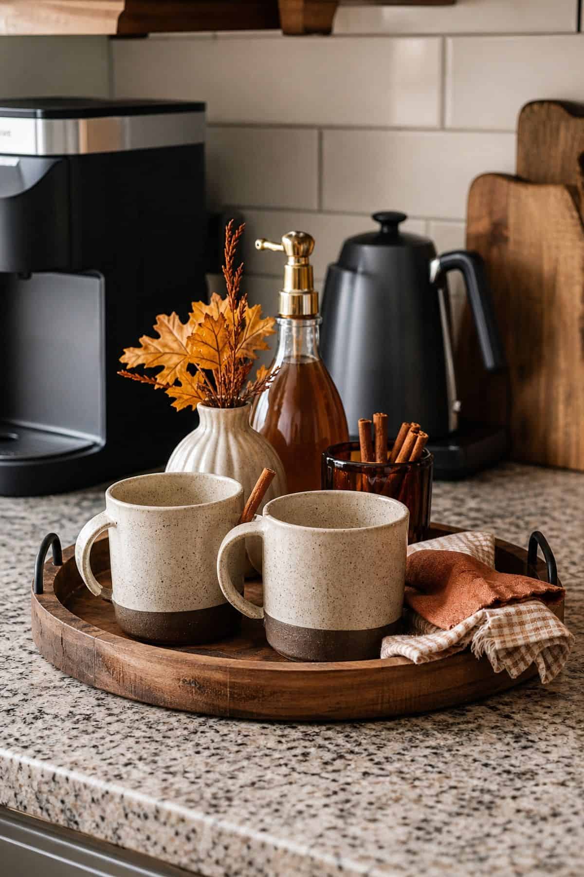 Coffee Station Fall Tray shown as a realistic Pretty Wild World image for 17 Fall Kitchen Decor Ideas That Work in Real Life.