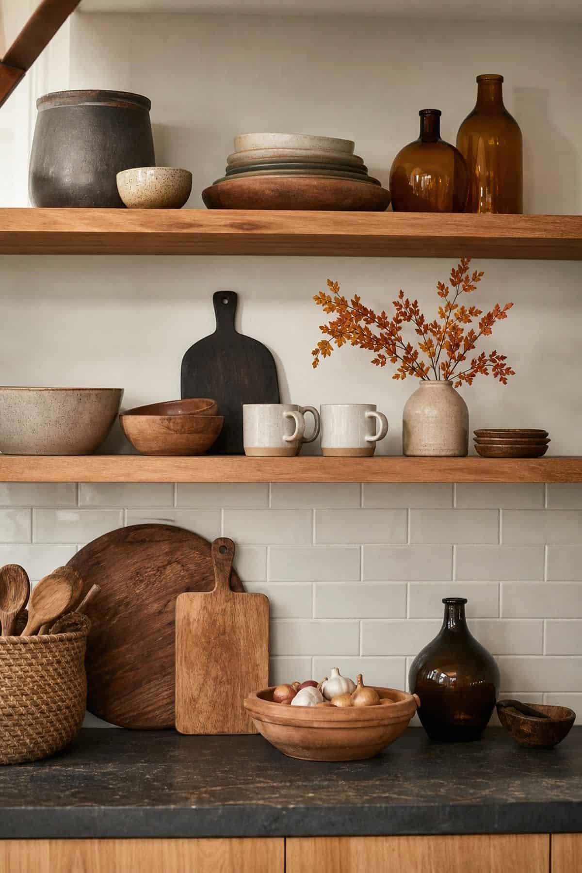 Open Shelf Edit shown as a realistic Pretty Wild World image for 17 Fall Kitchen Decor Ideas That Work in Real Life.