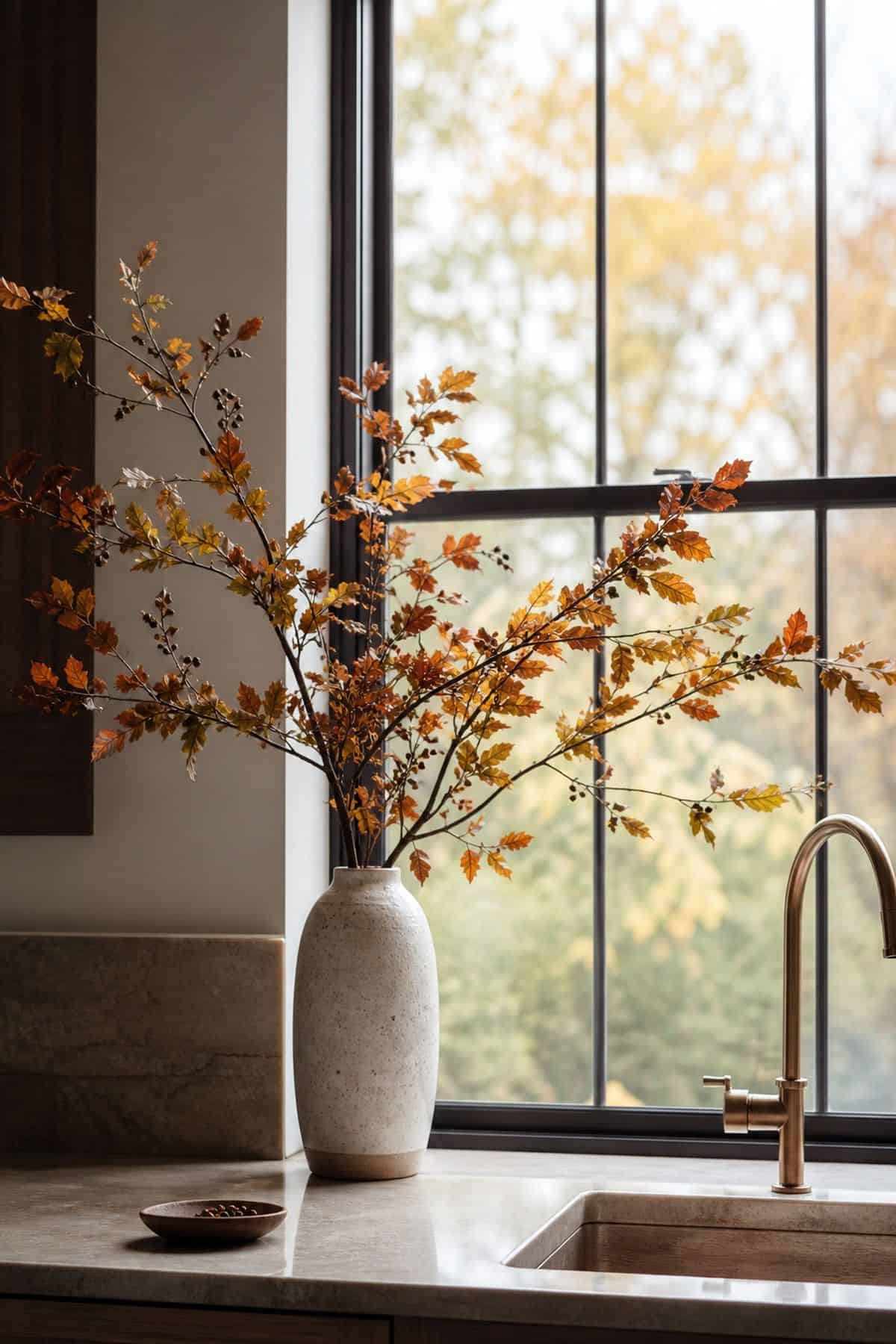 Branch Vase by Window shown as a realistic Pretty Wild World image for 17 Fall Kitchen Decor Ideas That Work in Real Life.