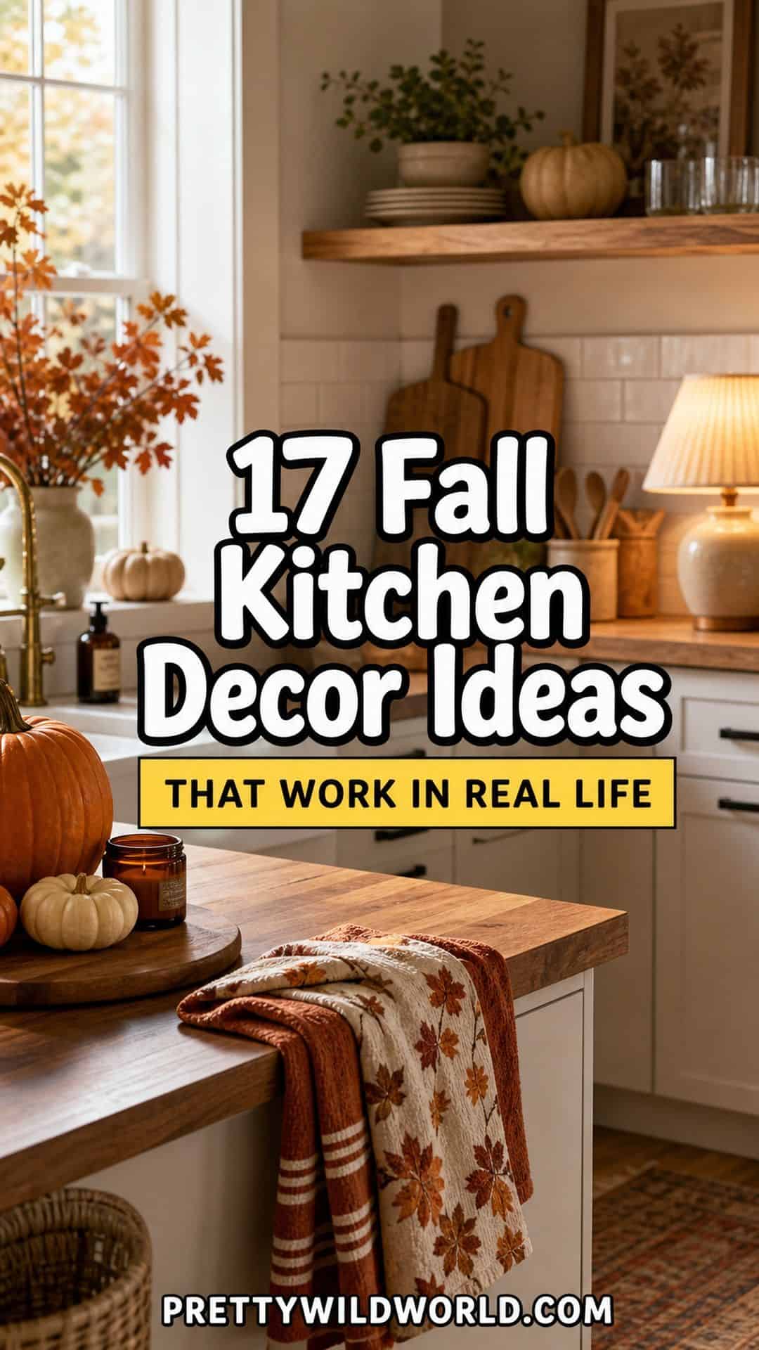 Pinterest pin for 17 Fall Kitchen Decor Ideas That Work in Real Life from Pretty Wild World.