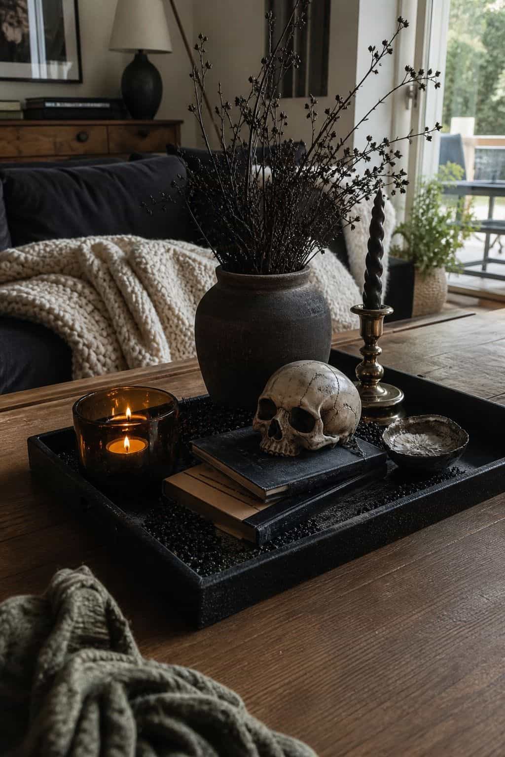 Tray as the Boundary styled as low-key Halloween coffee table decor with moody candles, small seasonal accents, and usable space.