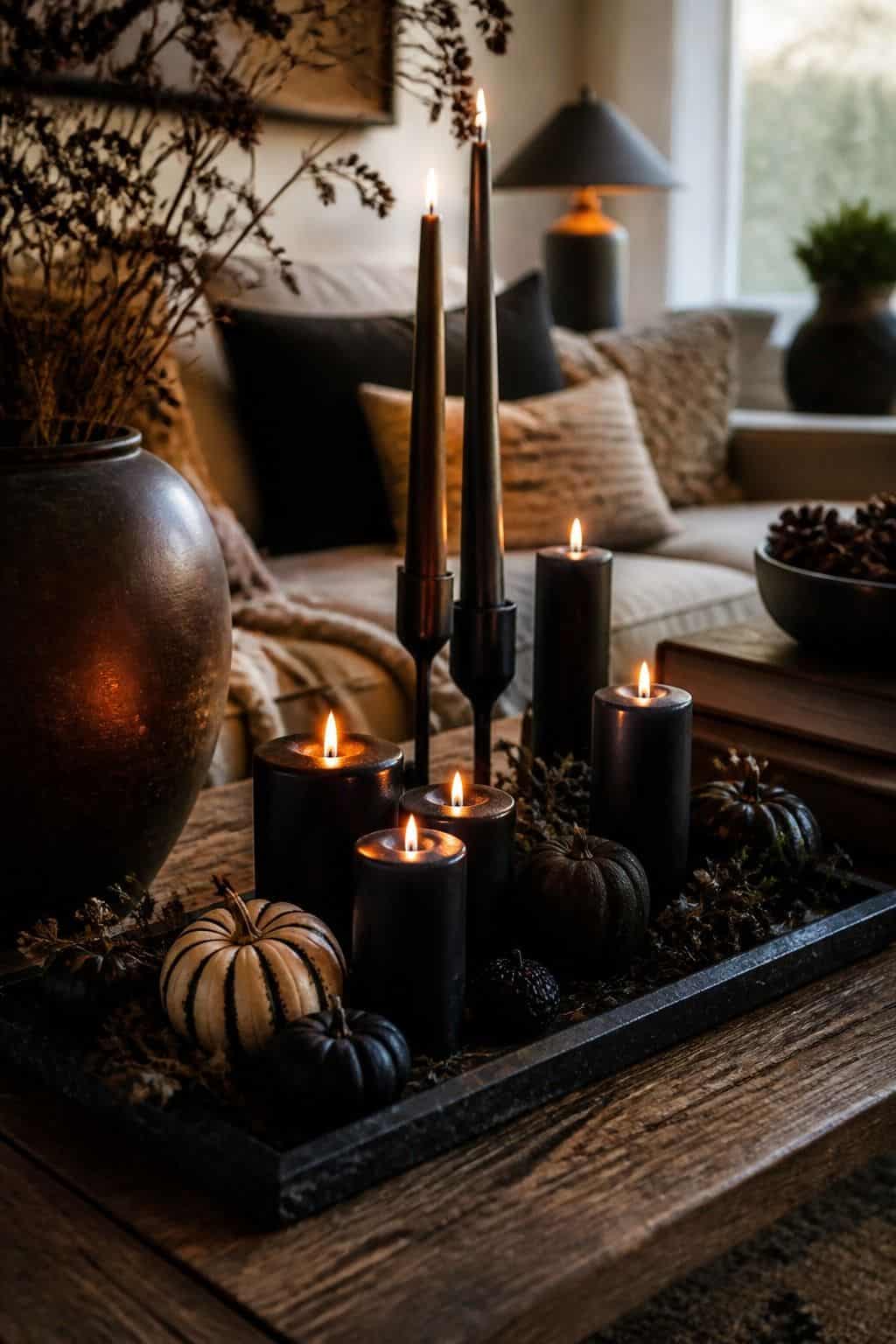 Small Black Candles styled as low-key Halloween coffee table decor with moody candles, small seasonal accents, and usable space.