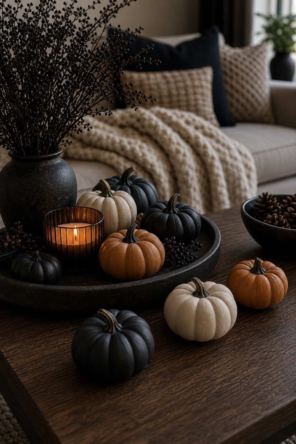 Matte Mini Pumpkins styled as low-key Halloween coffee table decor with moody candles, small seasonal accents, and usable space.