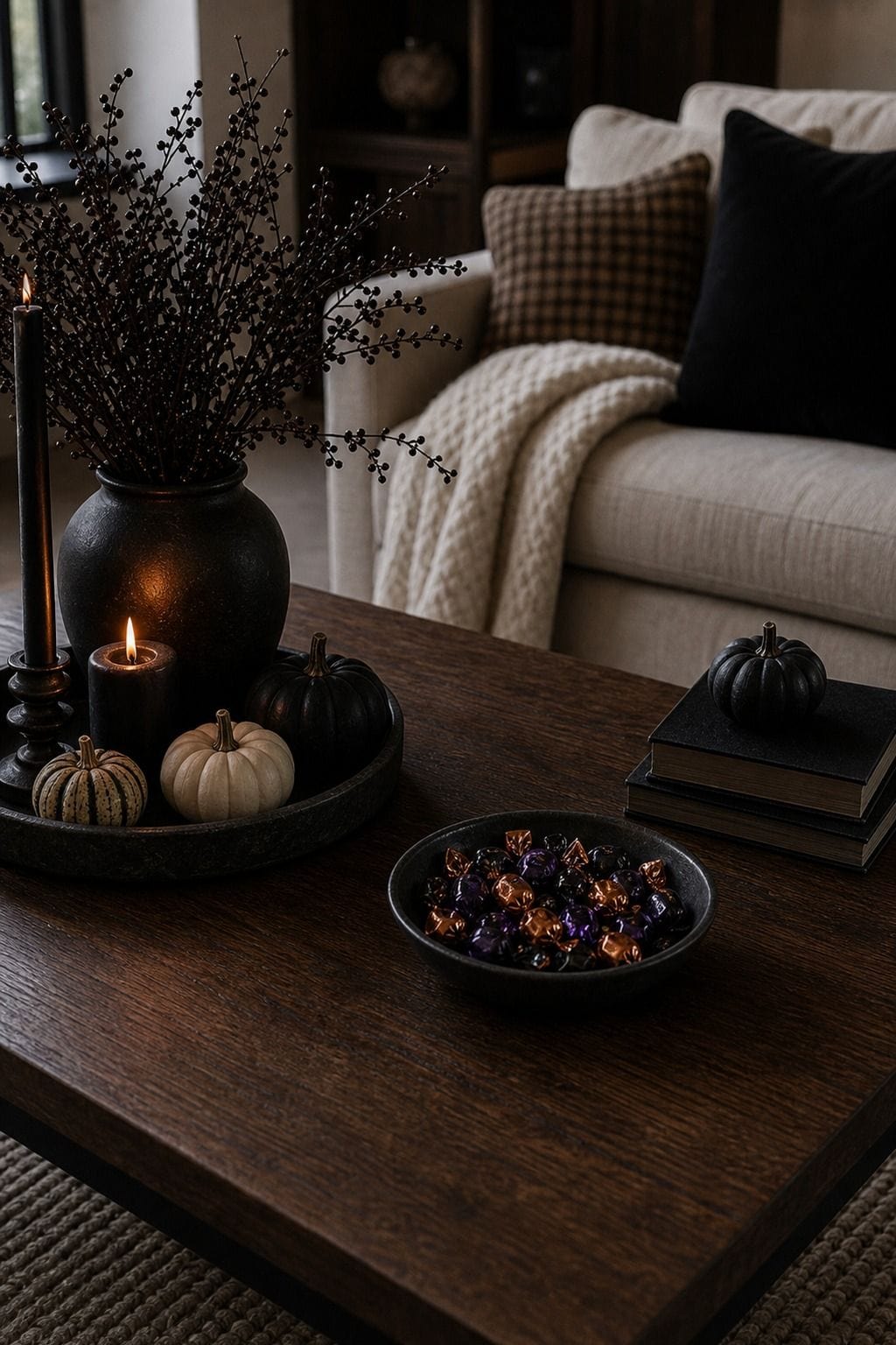 Candy Bowl That Stays Low styled as low-key Halloween coffee table decor with moody candles, small seasonal accents, and usable space.