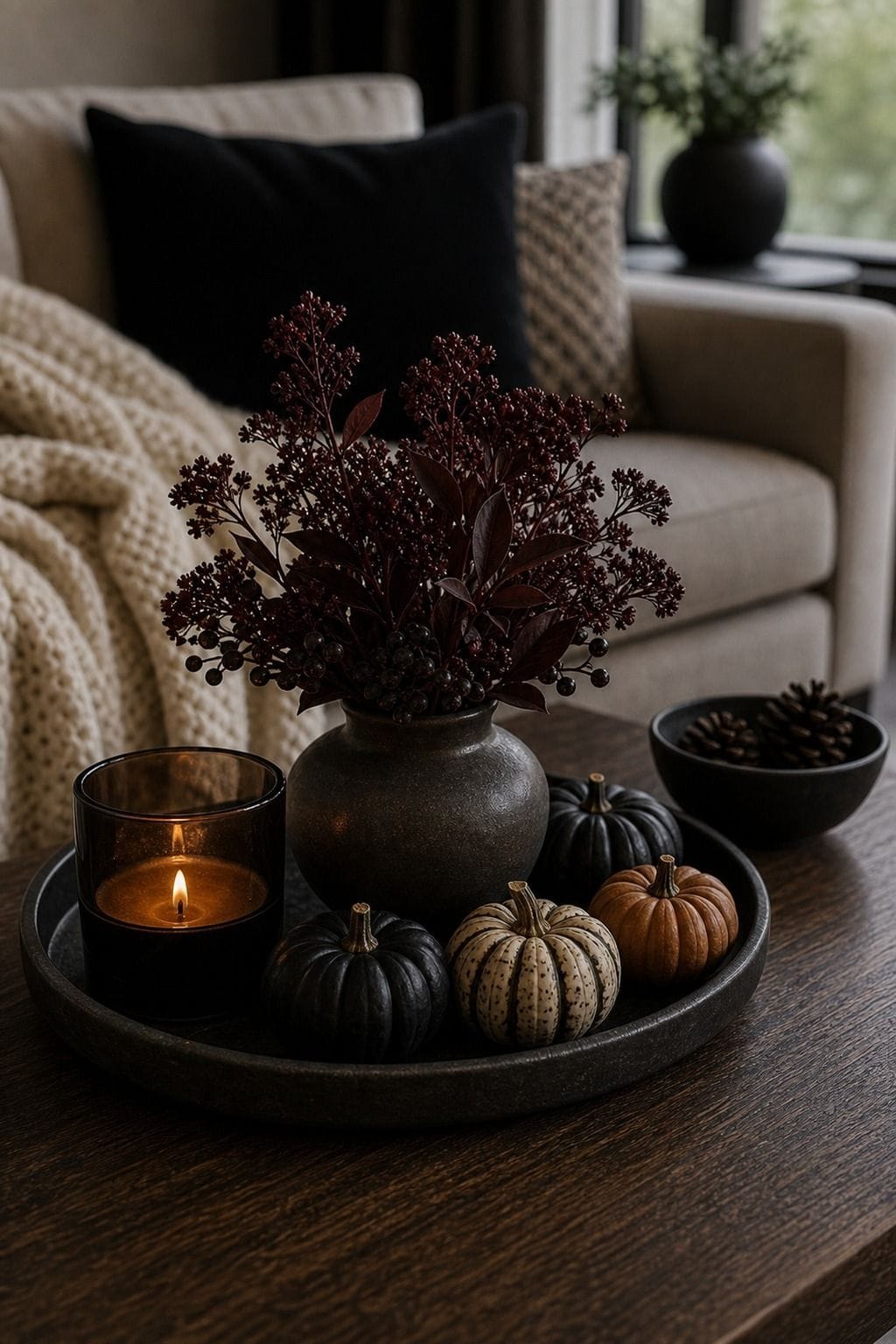 Small Floral Arrangement styled as low-key Halloween coffee table decor with moody candles, small seasonal accents, and usable space.