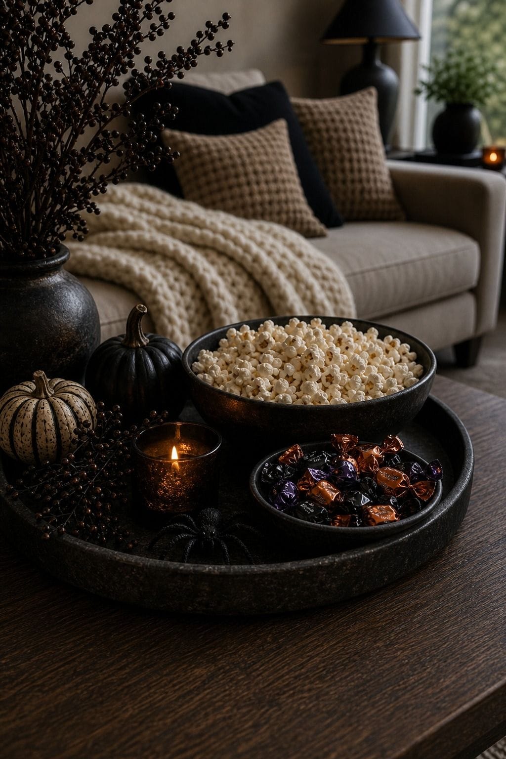 Movie Night Snack Spot styled as low-key Halloween coffee table decor with moody candles, small seasonal accents, and usable space.