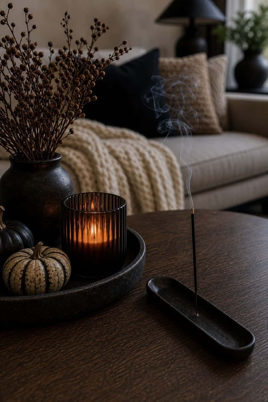 Coffee Table Scent Layer styled as low-key Halloween coffee table decor with moody candles, small seasonal accents, and usable space.