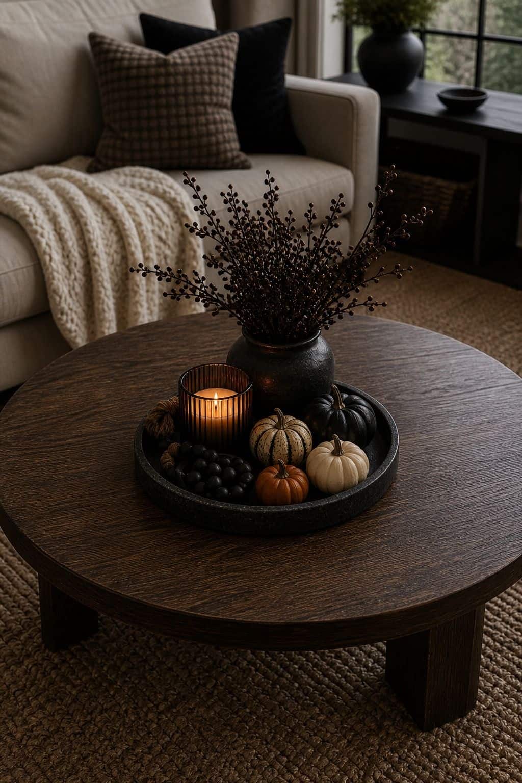 Round Table Edit styled as low-key Halloween coffee table decor with moody candles, small seasonal accents, and usable space.