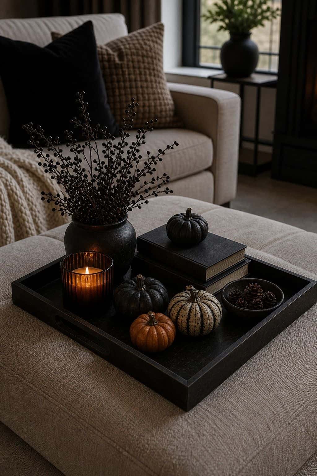 Ottoman Tray Version styled as low-key Halloween coffee table decor with moody candles, small seasonal accents, and usable space.