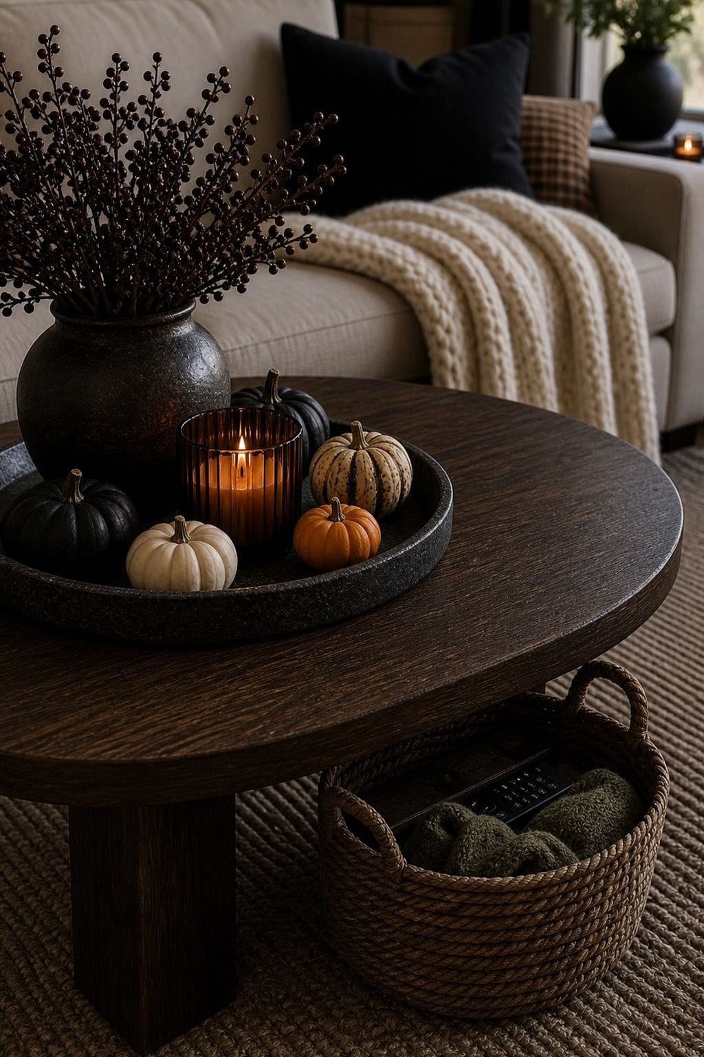 Quick Cleanup Basket styled as low-key Halloween coffee table decor with moody candles, small seasonal accents, and usable space.