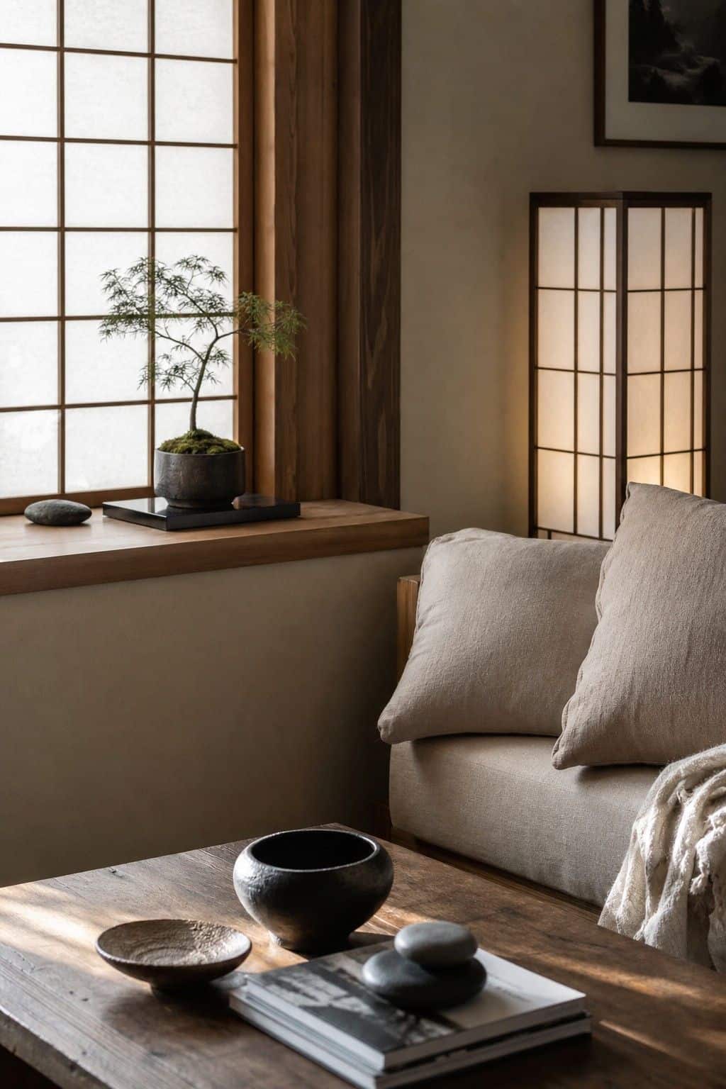 Japanese zen home decor idea with shoji-style light in a calm natural interior.