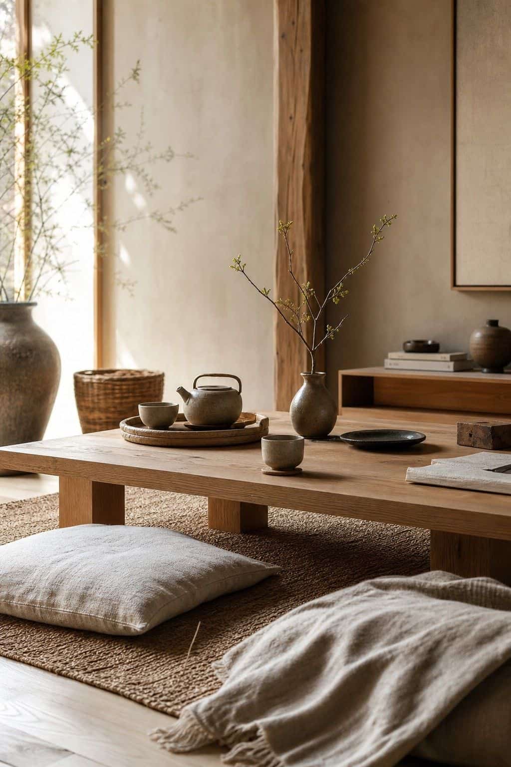Japanese zen home decor idea with low floor table in a calm natural interior.