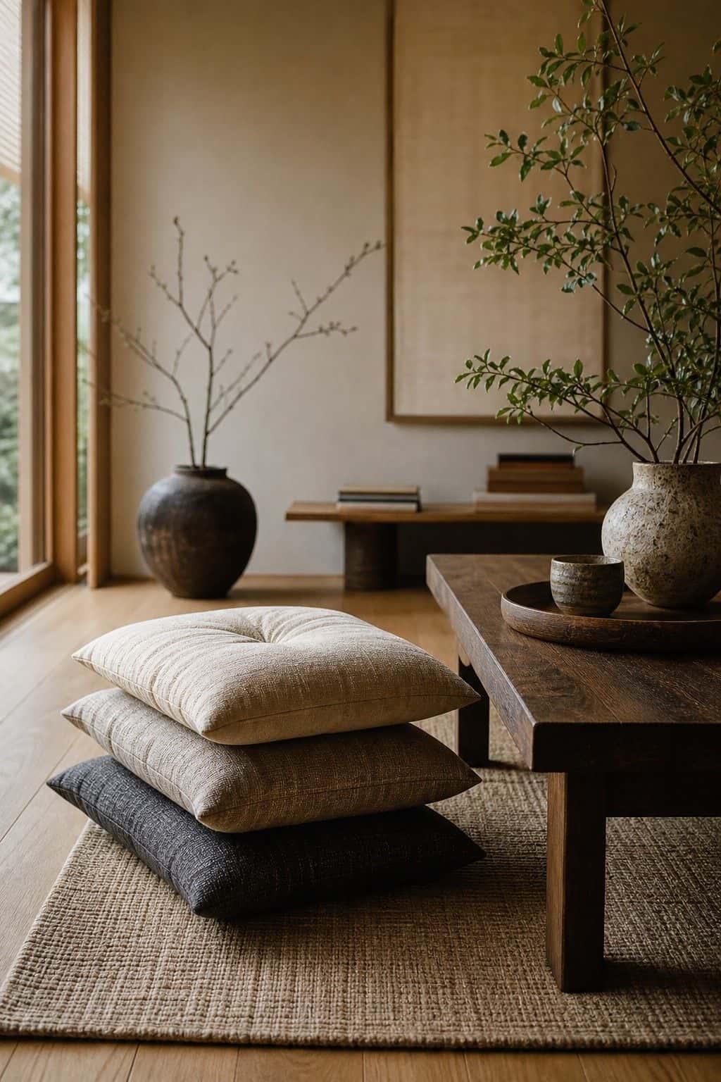 Japanese zen home decor idea with zabuton cushion stack in a calm natural interior.