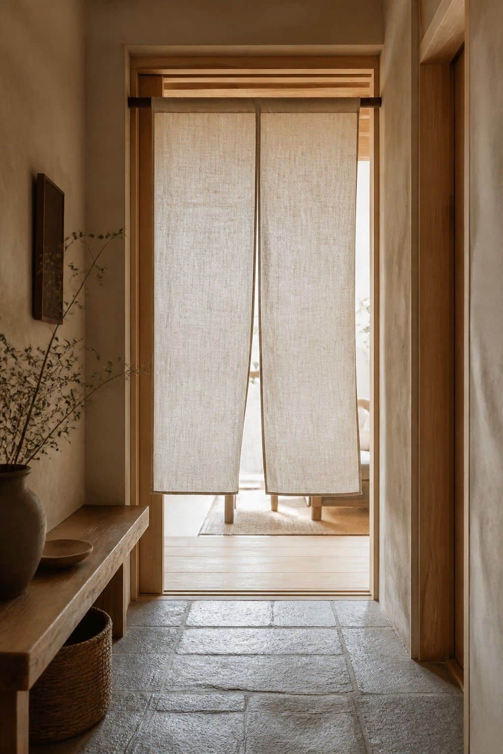Japanese zen home decor idea with noren doorway curtain in a calm natural interior.