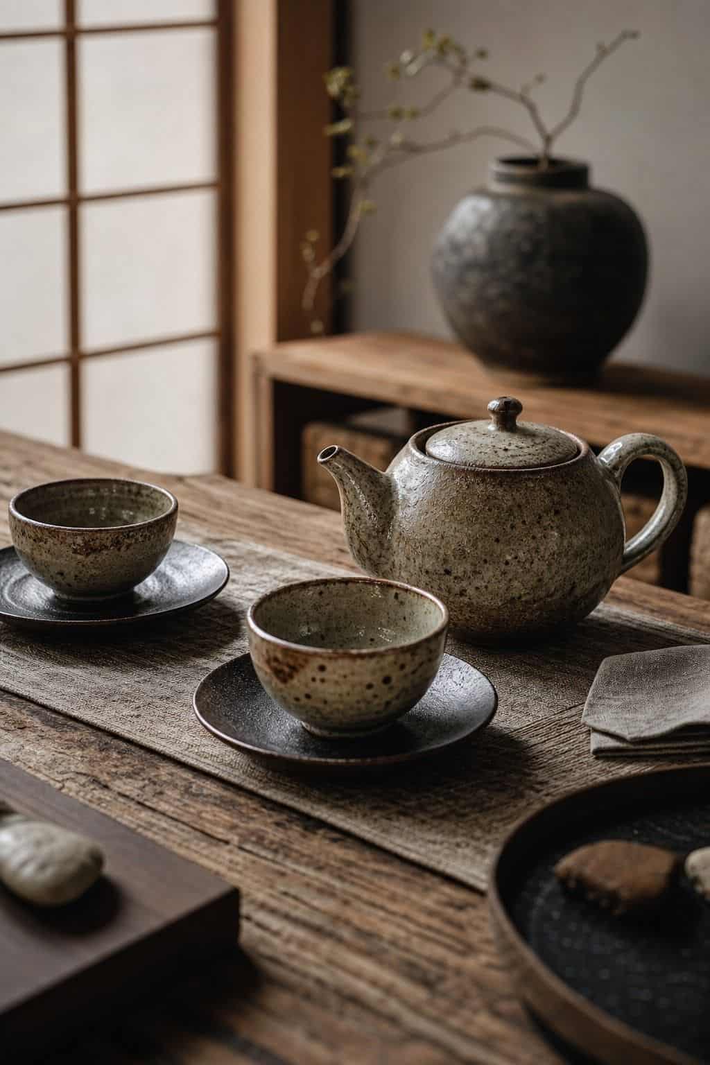 Japanese zen home decor idea with handmade ceramic tea set in a calm natural interior.