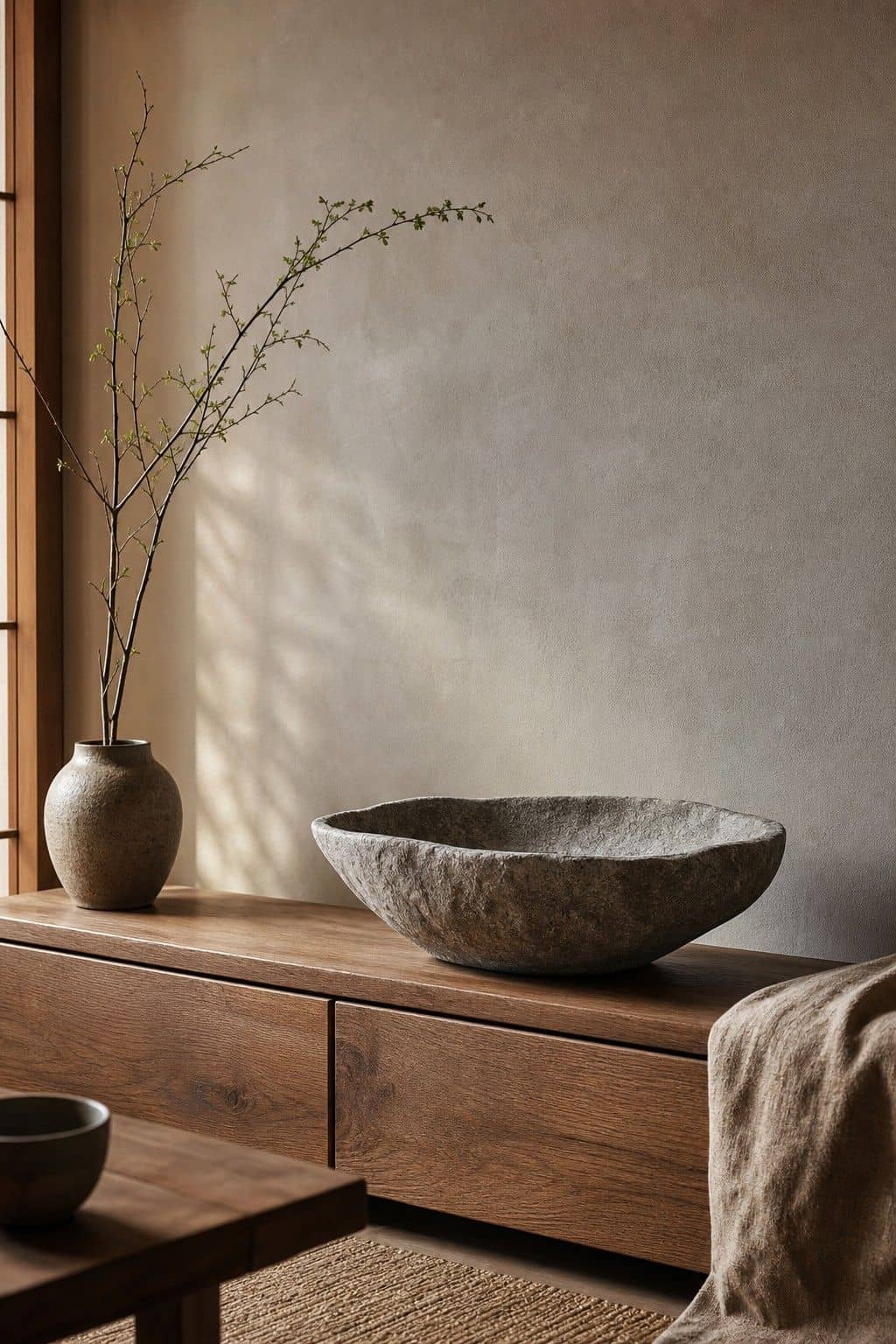 Japanese zen home decor idea with stone accent bowl in a calm natural interior.