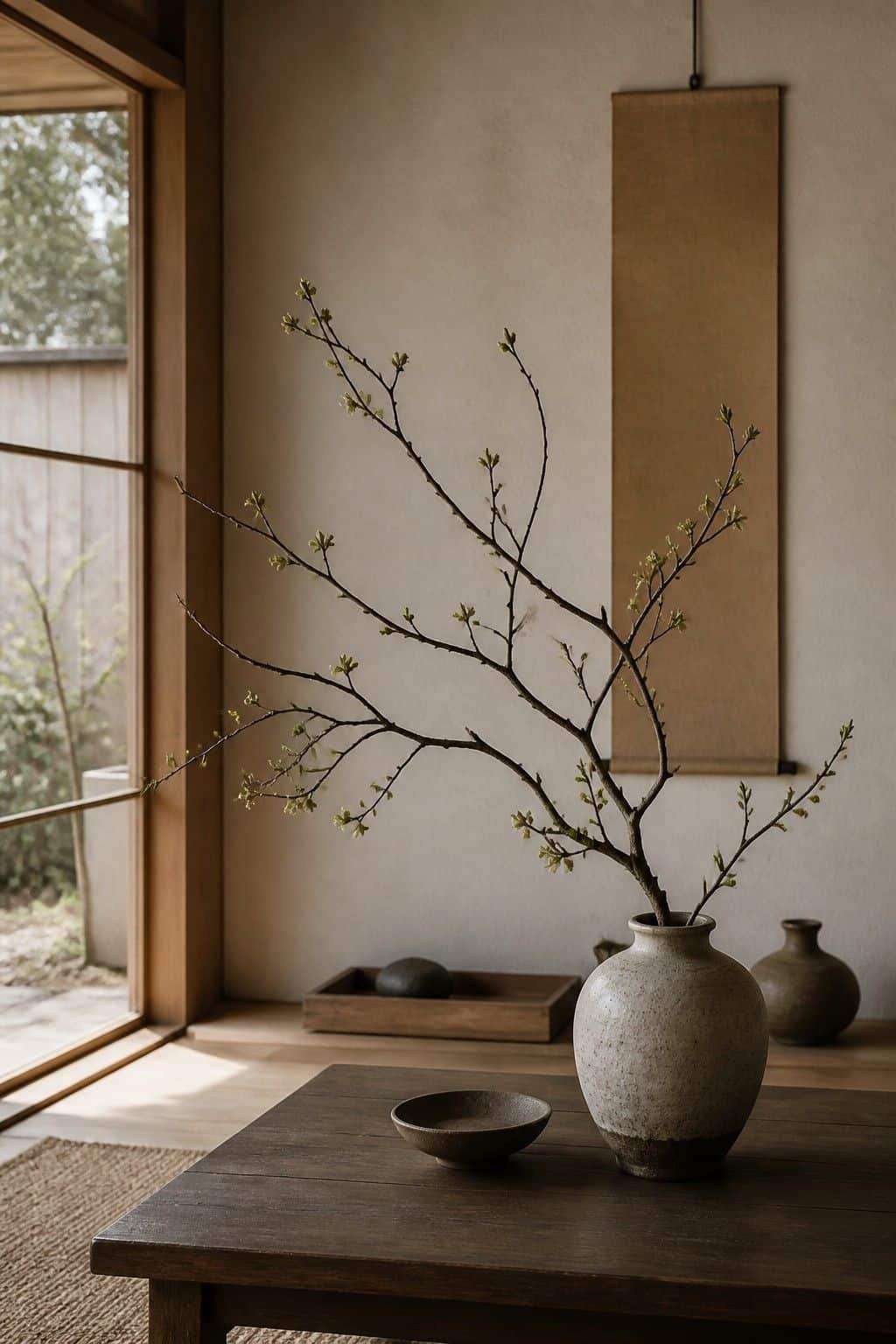 Japanese zen home decor idea with ikebana-inspired branches in a calm natural interior.