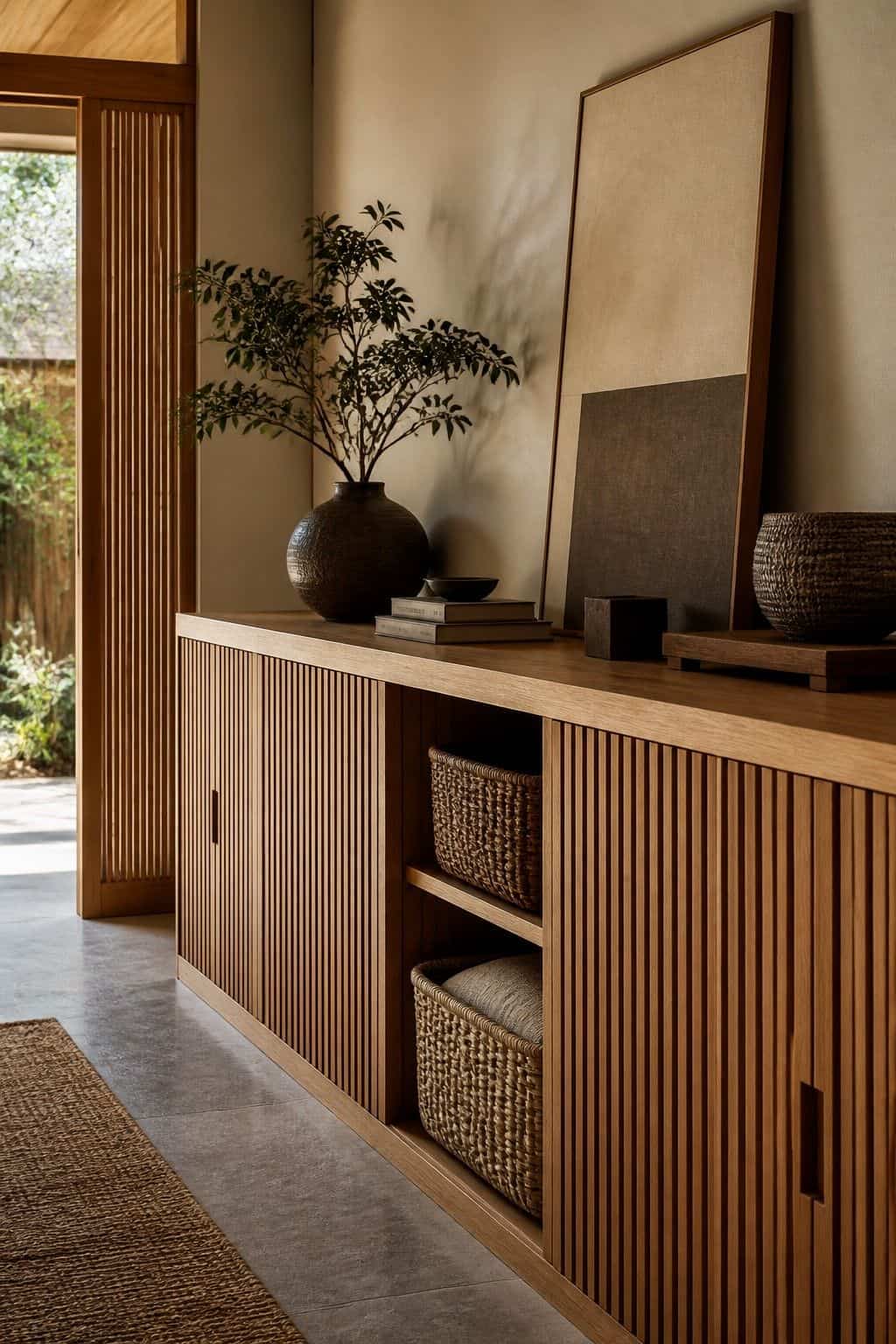 Japanese zen home decor idea with wood slat storage in a calm natural interior.