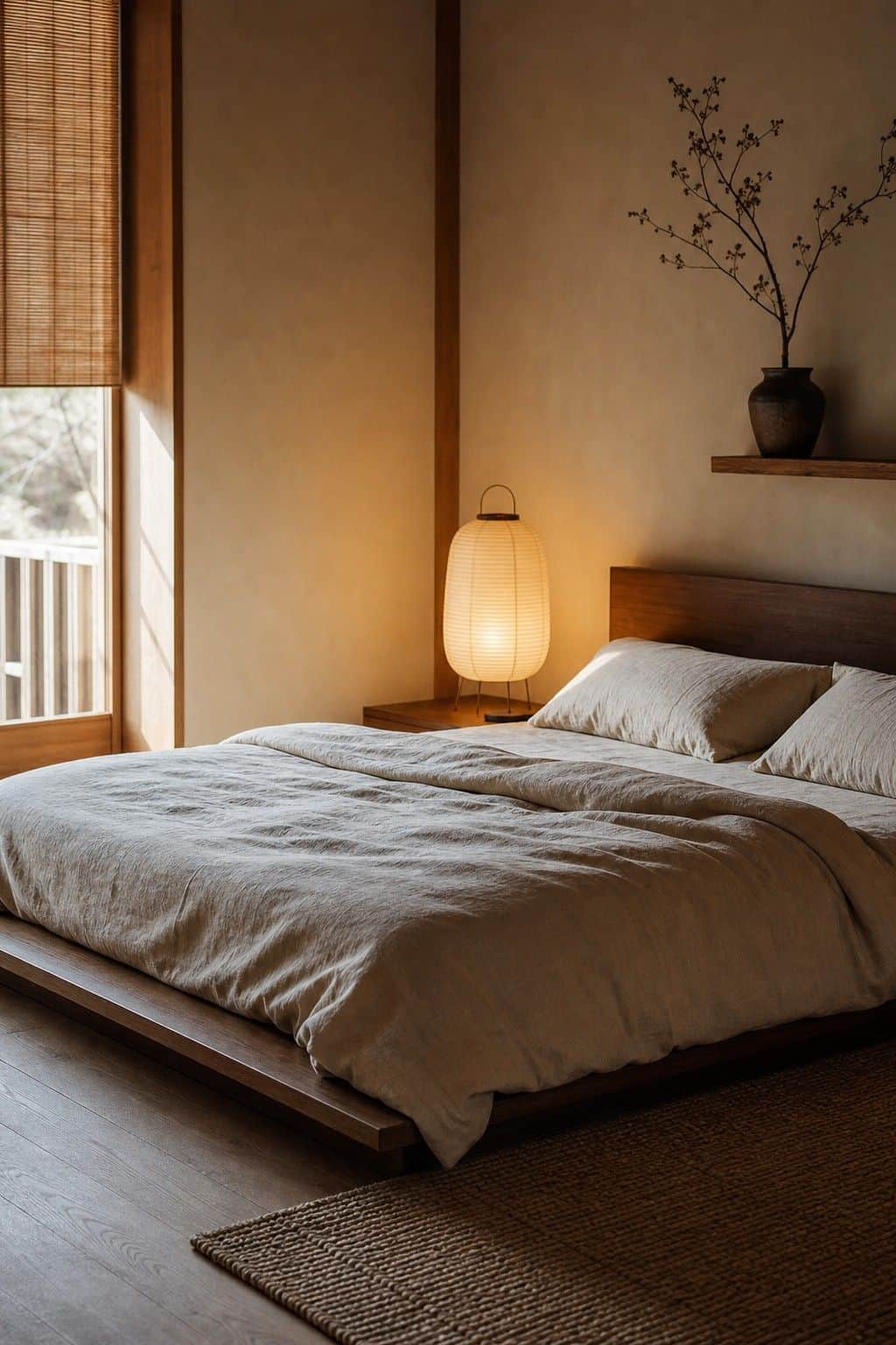 Japanese zen home decor idea with minimal bedding in a calm natural interior.