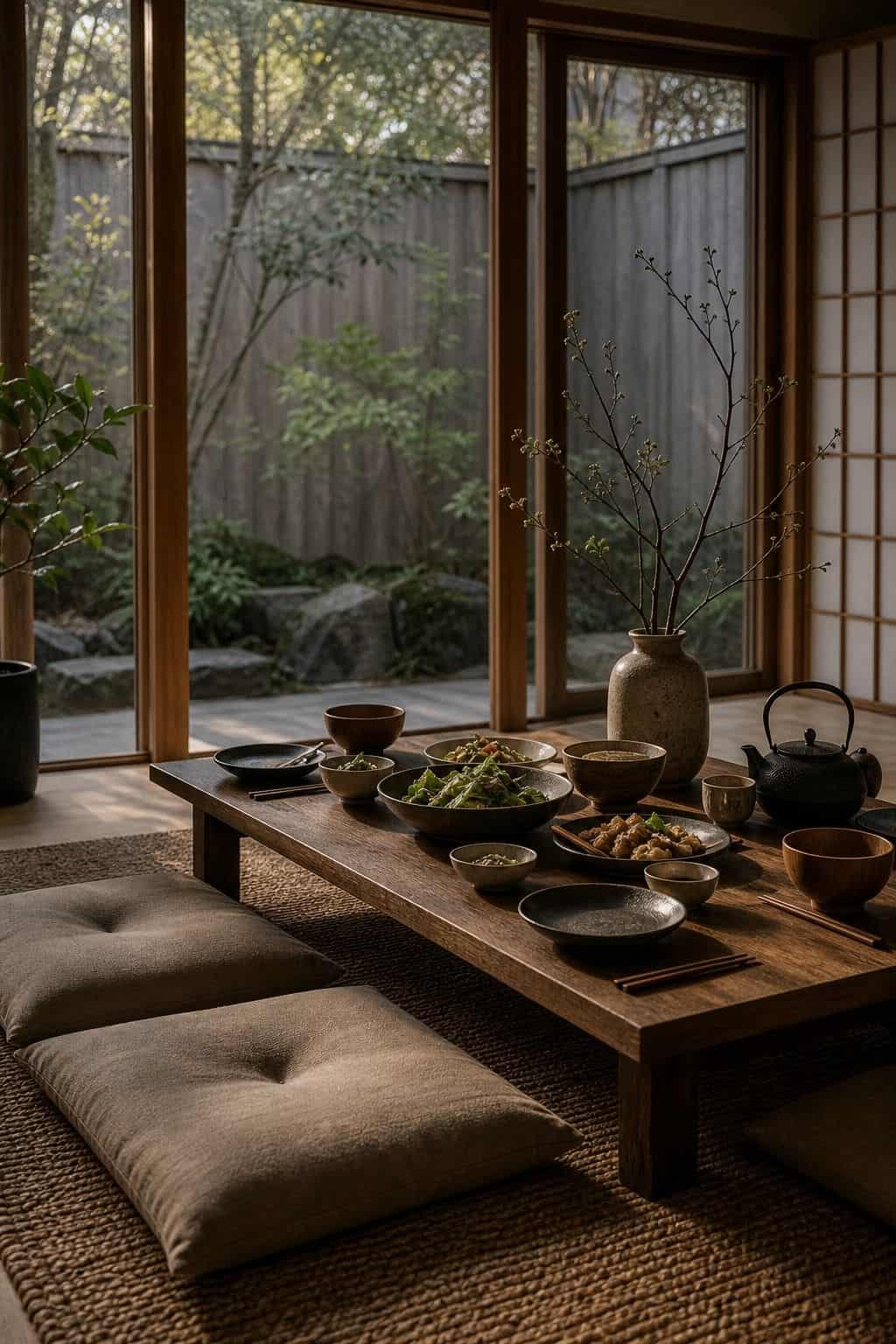 Japanese zen home decor idea with low dining moment in a calm natural interior.